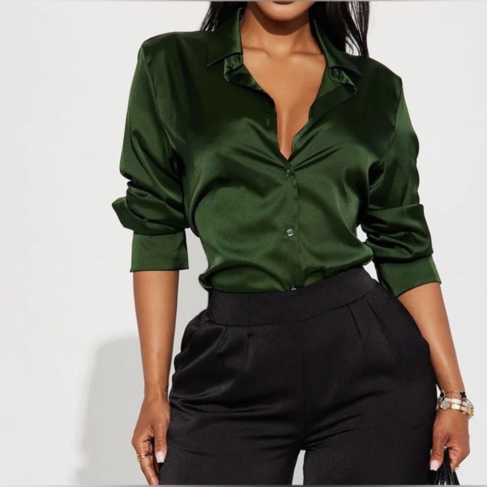Fashion Nova Deep Green Satin Button Down Shirt - Picture 2 of 3